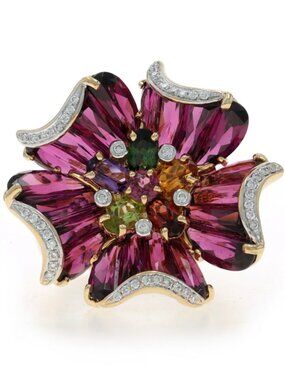Bellarri Mademoiselle Flower Garnet Diamond Ring Yellow Gold 18k Fantasy 9.79ctw